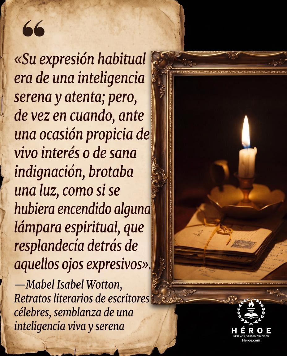 «Su expresión habitual era de una inteligencia serena y atenta; pero, de vez en cuando, ante una ocasión propicia de vivo interés o de sana indignación, brotaba una luz, como si se hubiera encendido alguna lámpara espiritual, que resplandecía detrás de aq