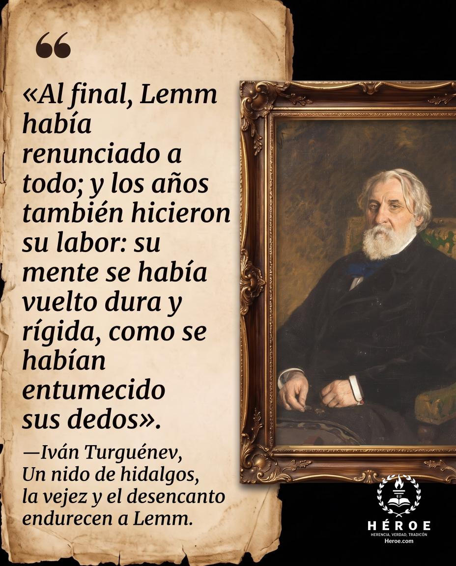 «Al final, Lemm había renunciado a todo; y los años también hicieron su labor: su mente se había vuelto dura y rígida, como se habían entumecido sus dedos».
—Iván Turguénev, Un nido de hidalgos, la vejez y el desencanto endurecen a Lemm.