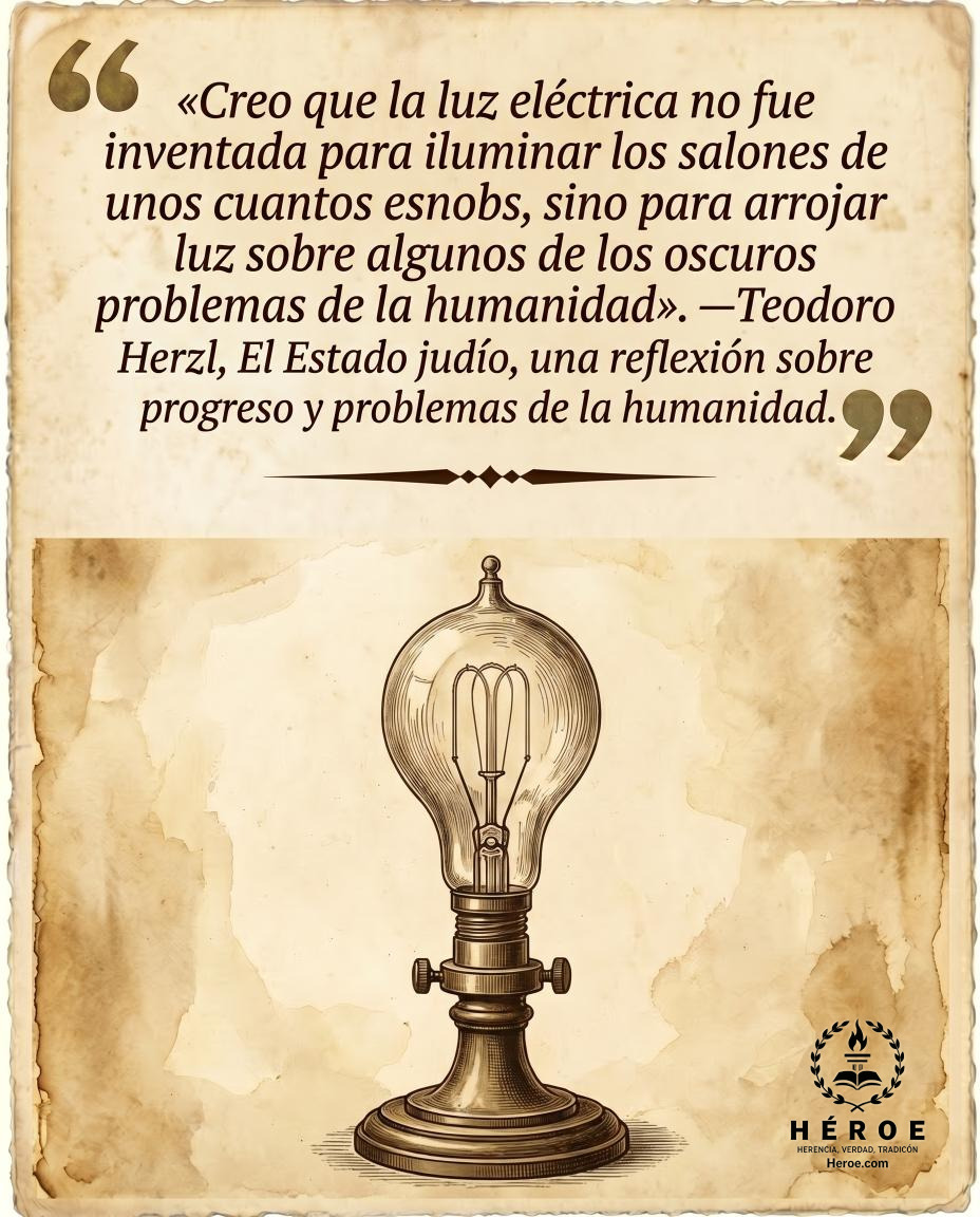 «Creo que la luz eléctrica no fue inventada para iluminar los salones de unos cuantos esnobs, sino para arrojar luz sobre algunos de los oscuros problemas de la humanidad».
—Teodoro Herzl, El Estado judío, una reflexión sobre progreso y problemas de la hu