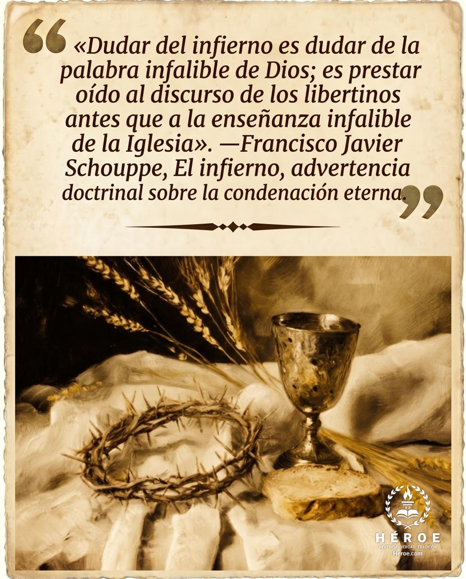 «Dudar del infierno es dudar de la palabra infalible de Dios; es prestar oído al discurso de los libertinos antes que a la enseñanza infalible de la Iglesia».
—Francisco Javier Schouppe, El infierno, advertencia doctrinal sobre la condenación eterna.