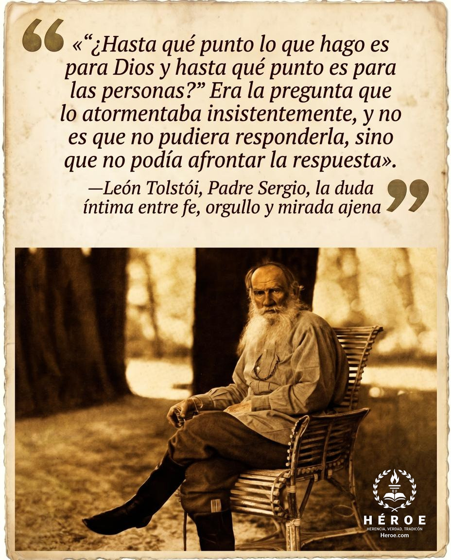 «"¿Hasta qué punto lo que hago es para Dios y hasta qué punto es para las personas?" Era la pregunta que lo atormentaba insistentemente, y no es que no pudiera responderla, sino que no podía afrontar la respuesta».
—León Tolstói, Padre Sergio, la duda ínt