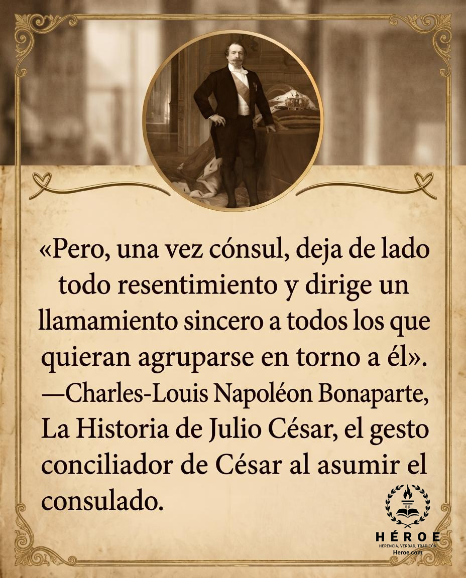 «Pero, una vez cónsul, deja de lado todo resentimiento y dirige un llamamiento sincero a todos los que quieran agruparse en torno a él».
—Charles-Louis Napoléon Bonaparte, La Historia de Julio César, el gesto conciliador de César al asumir el consulado.