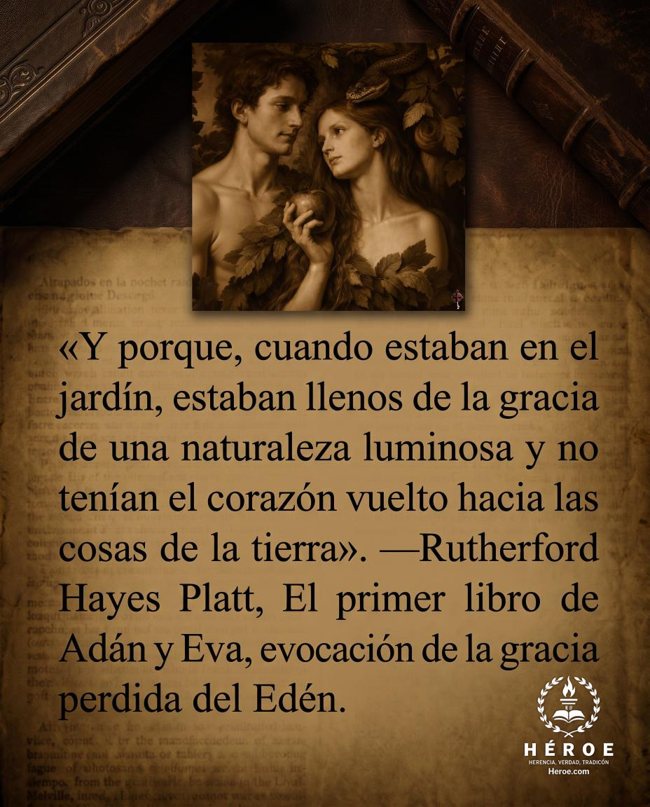 «Y porque, cuando estaban en el jardín, estaban llenos de la gracia de una naturaleza luminosa y no tenían el corazón vuelto hacia las cosas de la tierra».
—Rutherford Hayes Platt, El primer libro de Adán y Eva, evocación de la gracia perdida del Edén.