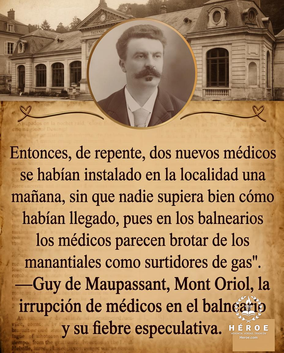 «Entonces, de repente, dos nuevos médicos se habían instalado en la localidad una mañana, sin que nadie supiera bien cómo habían llegado, pues en los balnearios los médicos parecen brotar de los manantiales como surtidores de gas».
—Guy de Maupassant, Mon