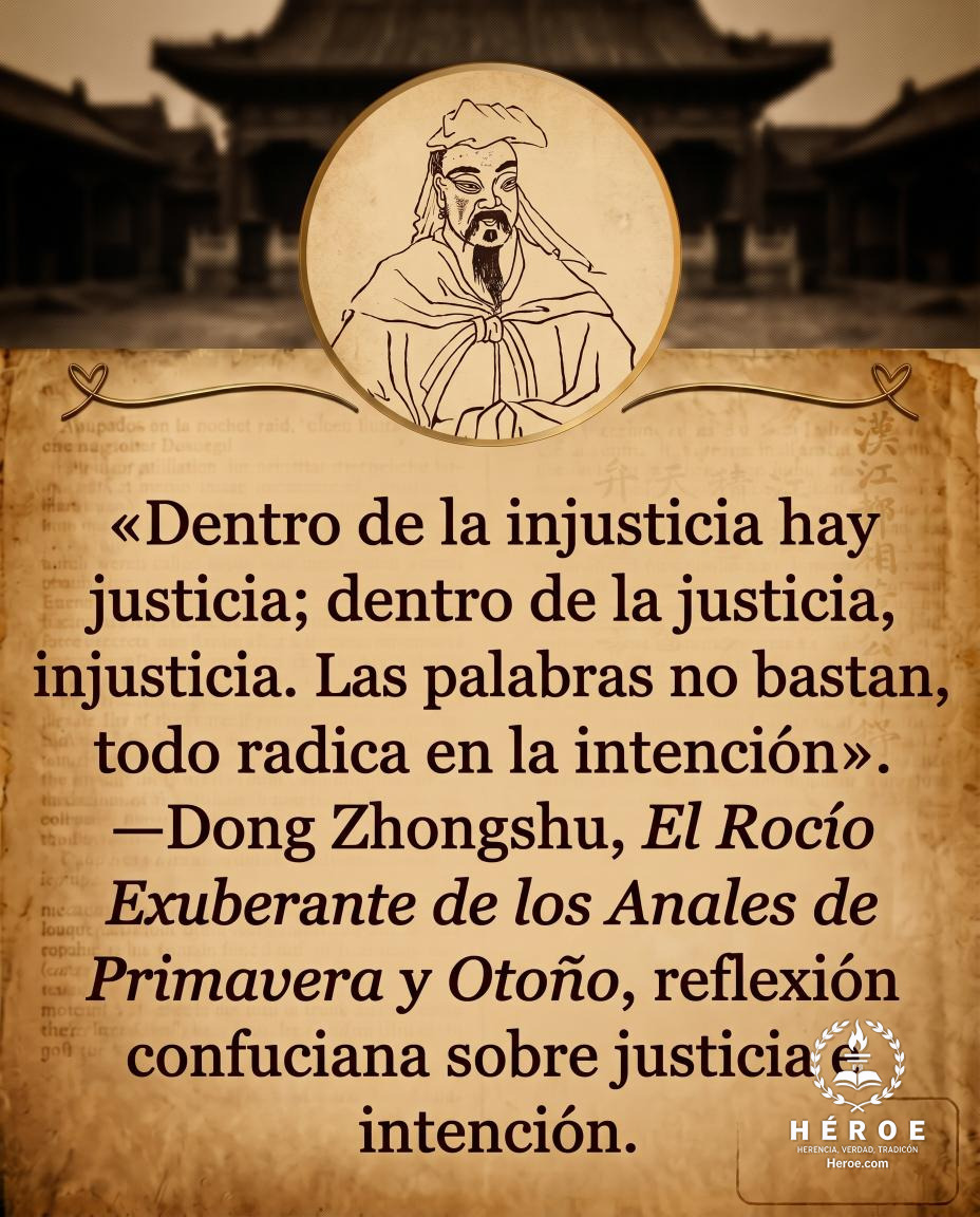 «Dentro de la injusticia hay justicia; dentro de la justicia, injusticia. Las palabras no bastan, todo radica en la intención».
—Dong Zhongshu, El Rocío Exuberante de los Anales de Primavera y Otoño, reflexión confuciana sobre justicia e intención.