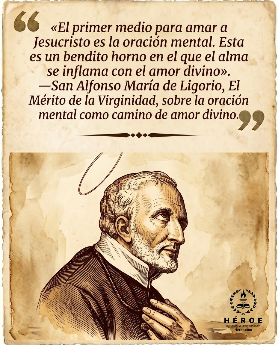 «El primer medio para amar a Jesucristo es la oración mental. Esta es un bendito horno en el que el alma se inflama con el amor divino».
—San Alfonso María de Ligorio, El Mérito de la Virginidad, sobre la oración mental como camino de amor divino.