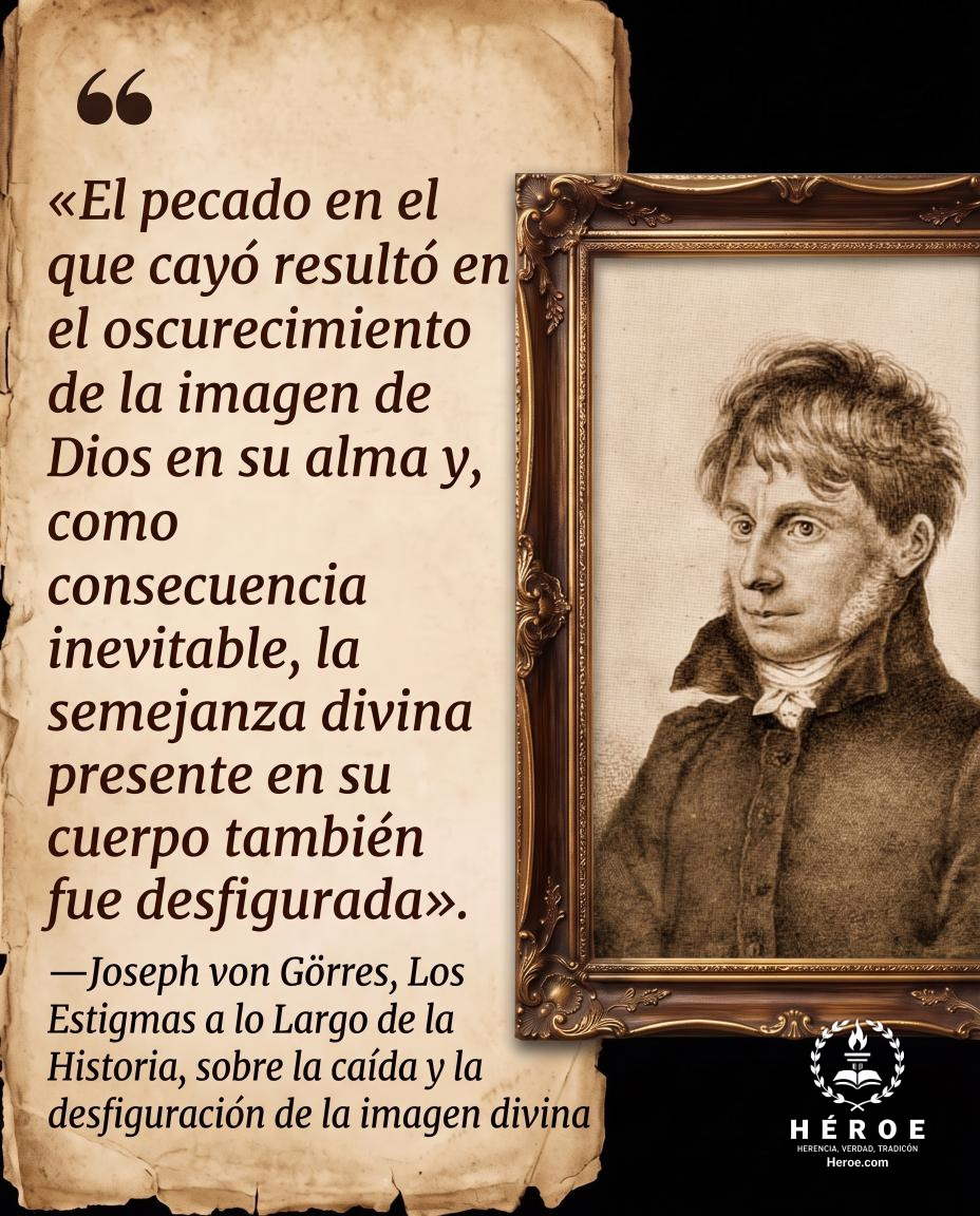 «El pecado en el que cayó resultó en el oscurecimiento de la imagen de Dios en su alma y, como consecuencia inevitable, la semejanza divina presente en su cuerpo también fue desfigurada».
—Joseph von Görres, Los Estigmas a lo Largo de la Historia, sobre l
