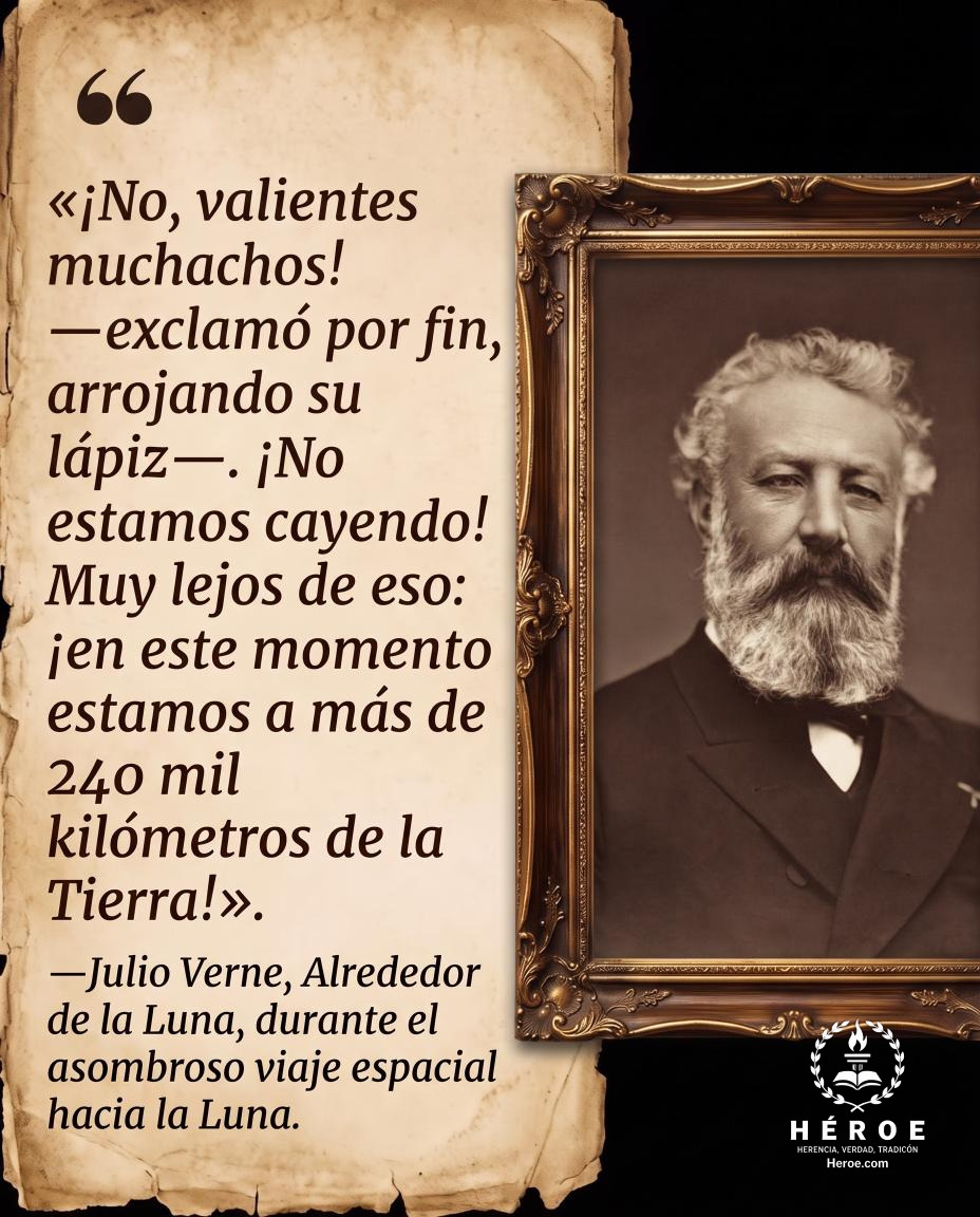 «¡No, valientes muchachos! —exclamó por fin, arrojando su lápiz—. ¡No estamos cayendo! Muy lejos de eso: ¡en este momento estamos a más de 240 mil kilómetros de la Tierra!».
—Julio Verne, Alrededor de la Luna, durante el asombroso viaje espacial hacia la