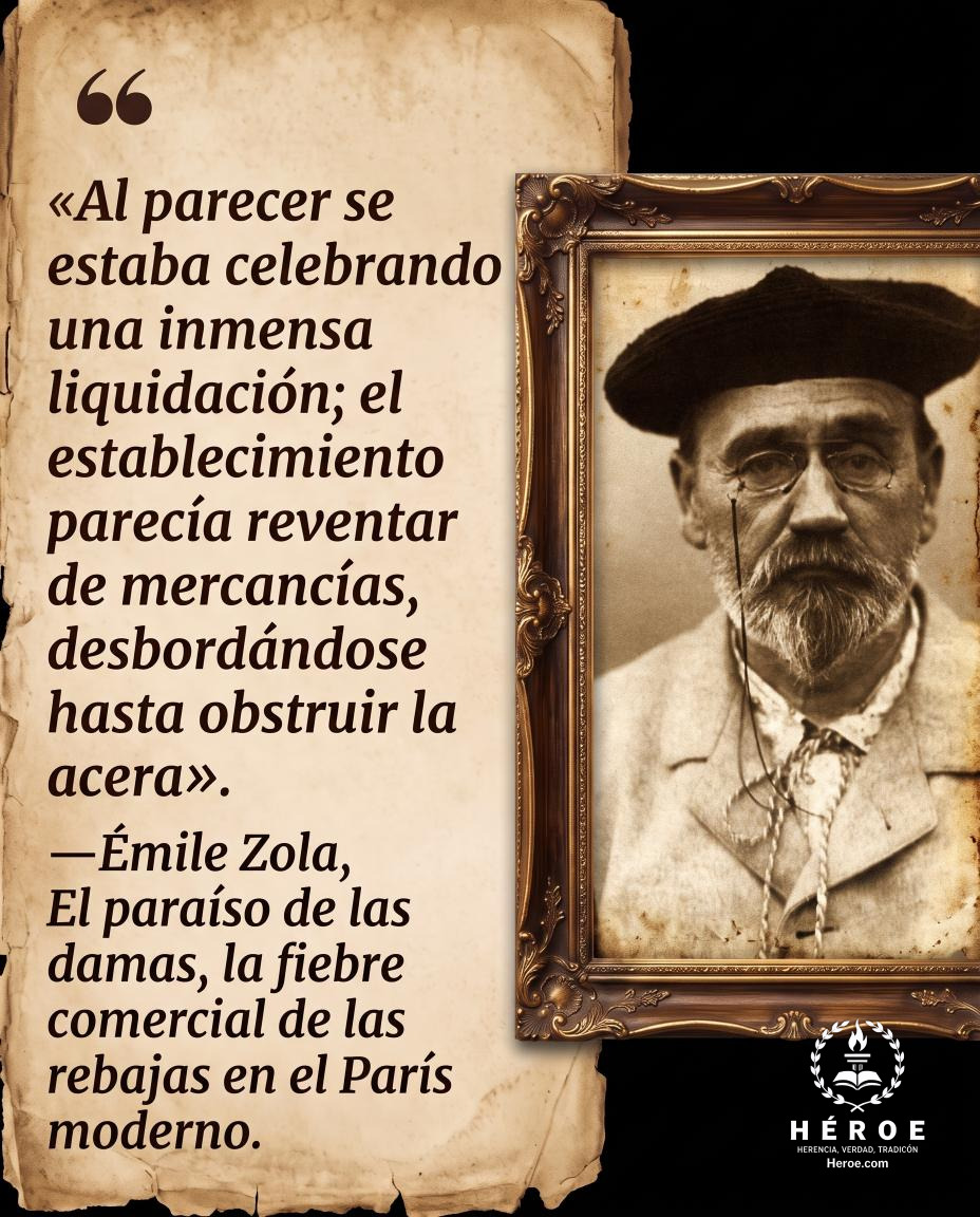 «Al parecer se estaba celebrando una inmensa liquidación; el establecimiento parecía reventar de mercancías, desbordándose hasta obstruir la acera».
—Émile Zola, El paraíso de las damas, la fiebre comercial de las rebajas en el París moderno.