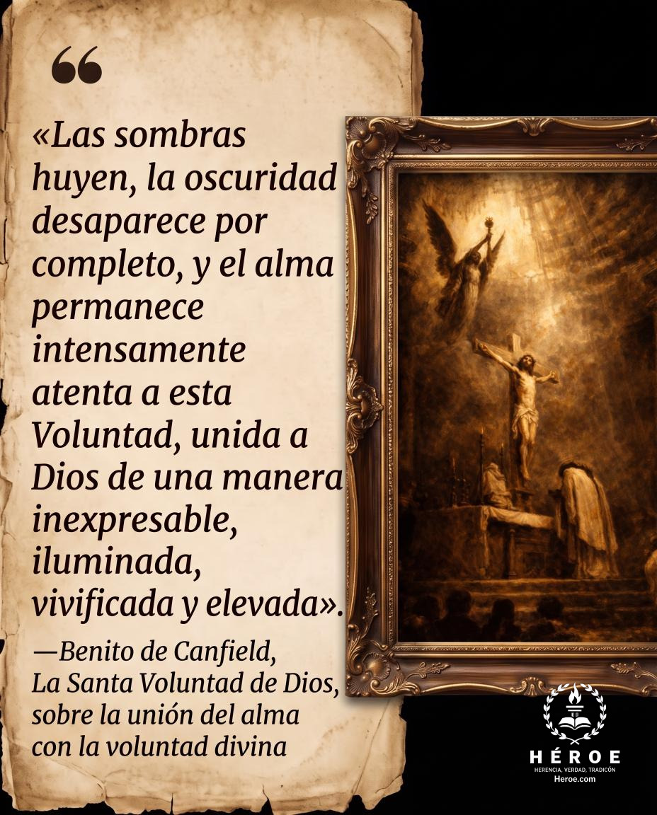 «Las sombras huyen, la oscuridad desaparece por completo, y el alma permanece intensamente atenta a esta Voluntad, unida a Dios de una manera inexpresable, iluminada, vivificada y elevada».
—Benito de Canfield, La Santa Voluntad de Dios, sobre la unión de