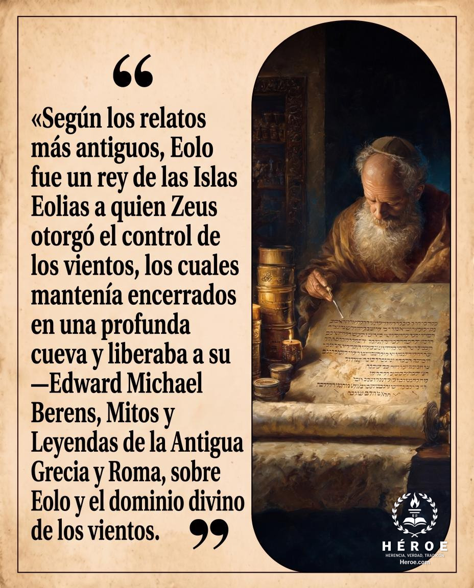«Según los relatos más antiguos, Eolo fue un rey de las Islas Eolias a quien Zeus otorgó el control de los vientos, los cuales mantenía encerrados en una profunda cueva y liberaba a su voluntad o por orden de los dioses».
—Edward Michael Berens, Mitos y L