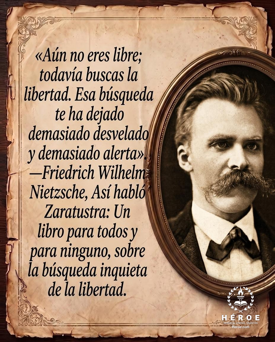 «Aún no eres libre; todavía buscas la libertad. Esa búsqueda te ha dejado demasiado desvelado y demasiado alerta».
—Friedrich Wilhelm Nietzsche, Así habló Zaratustra: Un libro para todos y para ninguno, sobre la búsqueda inquieta de la libertad.
