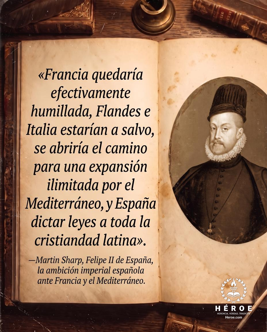 «Francia quedaría efectivamente humillada, Flandes e Italia estarían a salvo, se abriría el camino para una expansión ilimitada por el Mediterráneo, y España podría dictar leyes a toda la cristiandad latina».
—Martin Sharp, Felipe II de España, la ambició