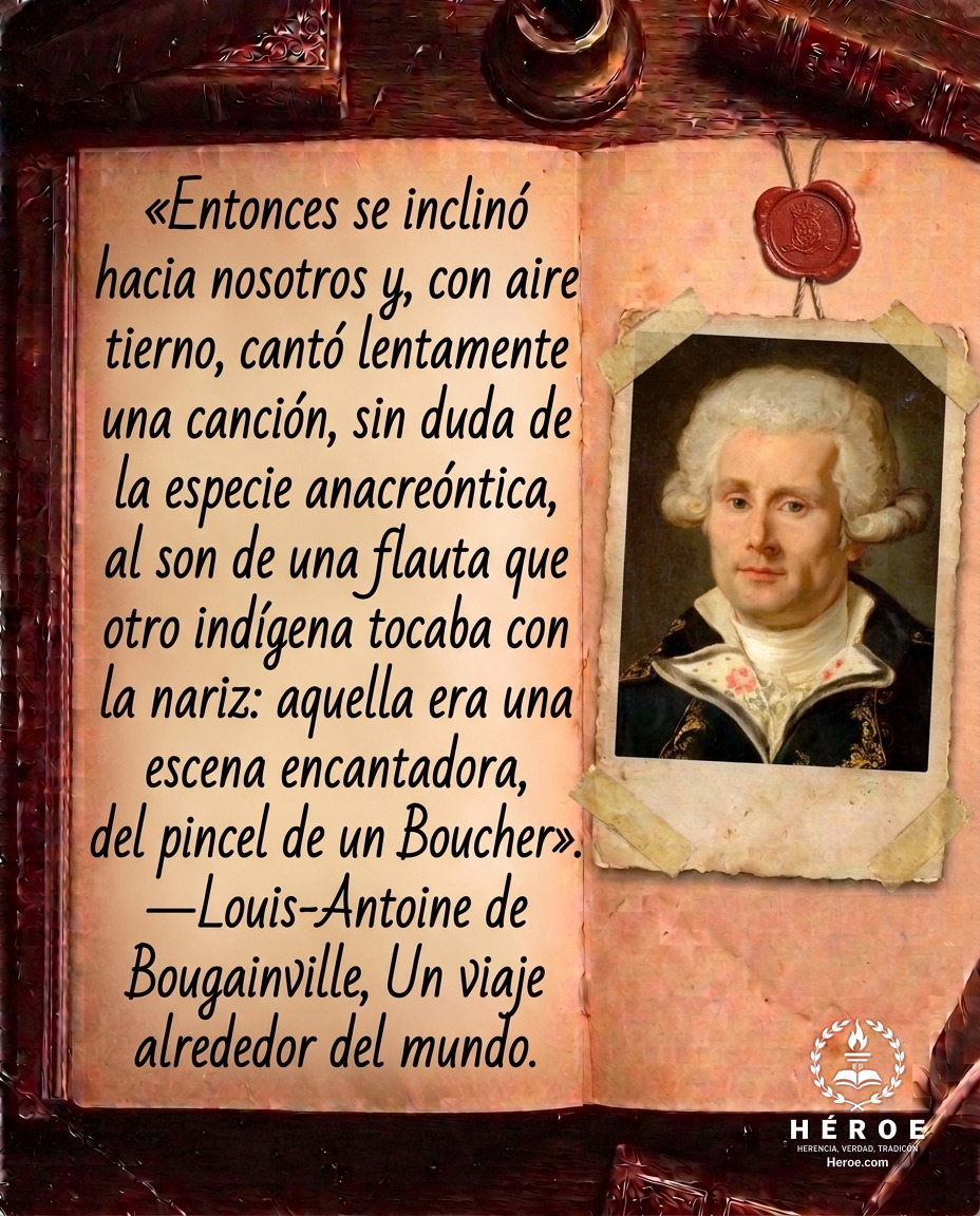 «Entonces se inclinó hacia nosotros y, con aire tierno, cantó lentamente una canción, sin duda de la especie anacreóntica, al son de una flauta que otro indígena tocaba con la nariz: aquella era una escena encantadora, digna del pincel de un Boucher».
—Lo