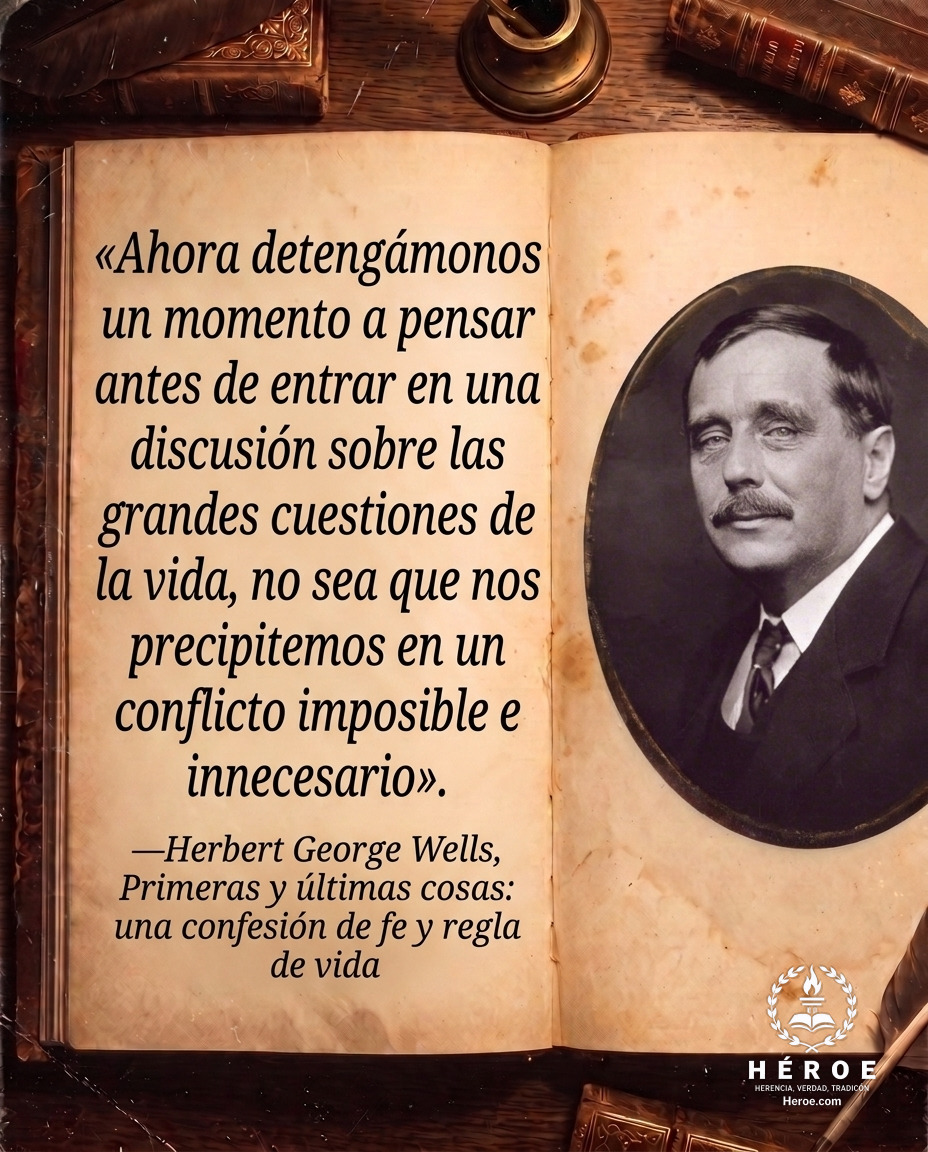 «Ahora detengámonos un momento a pensar antes de entrar en una discusión sobre las grandes cuestiones de la vida, no sea que nos precipitemos en un conflicto imposible e innecesario».
—Herbert George Wells, Primeras y últimas cosas: una confesión de fe y