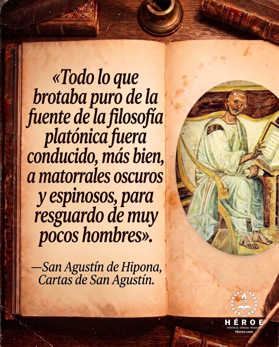 «Todo lo que brotaba puro de la fuente de la filosofía platónica fuera conducido, más bien, a matorrales oscuros y espinosos, para resguardo de muy pocos hombres».
—San Agustín de Hipona, Cartas de San Agustín.