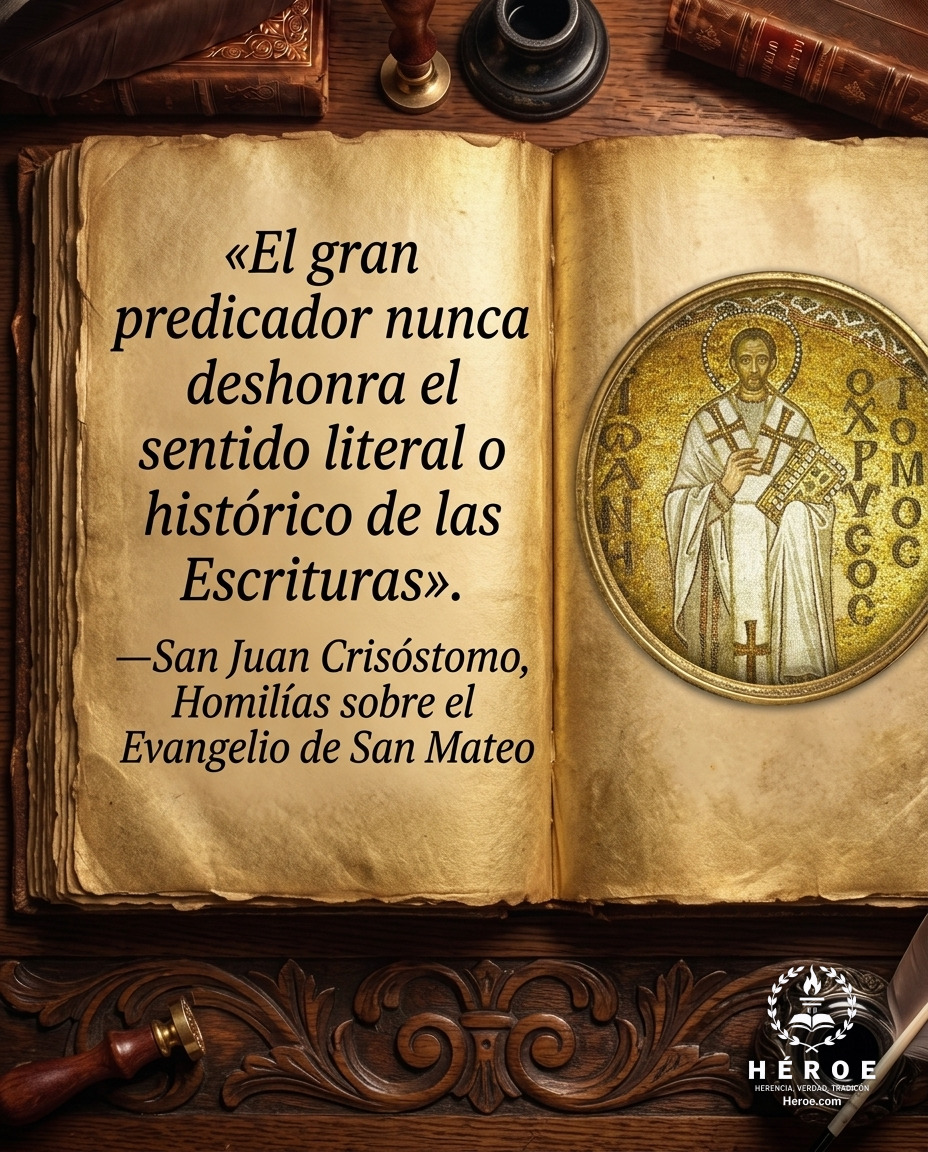 «El gran predicador nunca deshonra el sentido literal o histórico de las Escrituras».
—San Juan Crisóstomo, Homilías sobre el Evangelio de San Mateo.