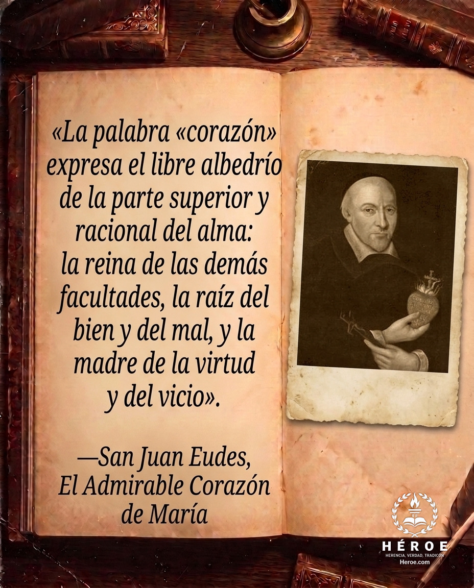 «La palabra «corazón» expresa el libre albedrío de la parte superior y racional del alma: la reina de las demás facultades, la raíz del bien y del mal, y la madre de la virtud y del vicio».
—San Juan Eudes, El Admirable Corazón de María.