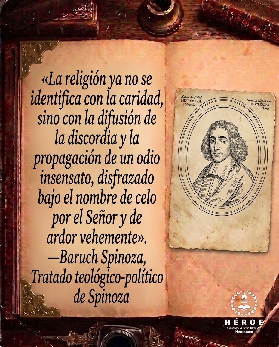 «La religión ya no se identifica con la caridad, sino con la difusión de la discordia y la propagación de un odio insensato, disfrazado bajo el nombre de celo por el Señor y de ardor vehemente».
—Baruch Spinoza, Tratado teológico-político de Spinoza.