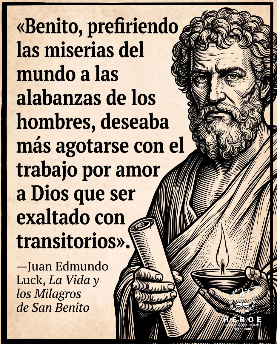 «Benito, prefiriendo las miserias del mundo a las alabanzas de los hombres, deseaba más agotarse con el trabajo por amor a Dios que ser exaltado con elogios transitorios».
—Juan Edmundo Luck, La Vida y los Milagros de San Benito.