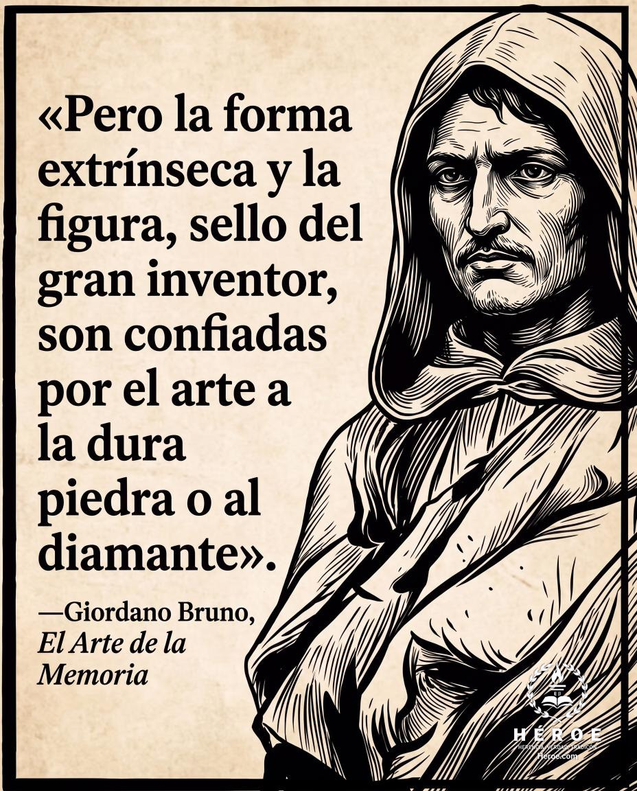 «Pero la forma extrínseca y la figura, sello del gran inventor, son confiadas por el arte a la dura piedra o al diamante».
—Giordano Bruno, El Arte de la Memoria.