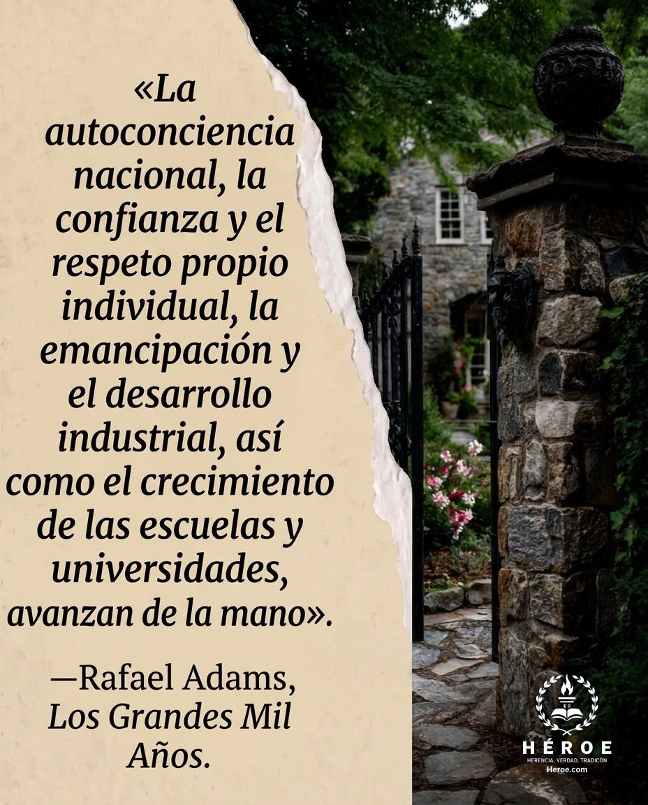 «La autoconciencia nacional, la confianza y el respeto propio individual, la emancipación y el desarrollo industrial, así como el crecimiento de las escuelas y universidades, avanzan de la mano».
—Rafael Adams, Los Grandes Mil Años.