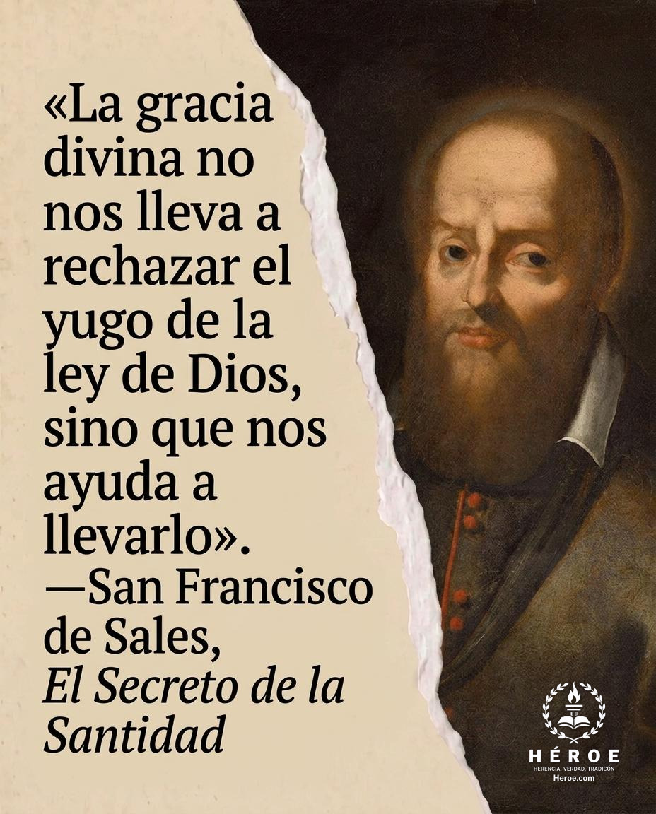 «La gracia divina no nos lleva a rechazar el yugo de la ley de Dios, sino que nos ayuda a llevarlo».
—San Francisco de Sales, El Secreto de la Santidad.