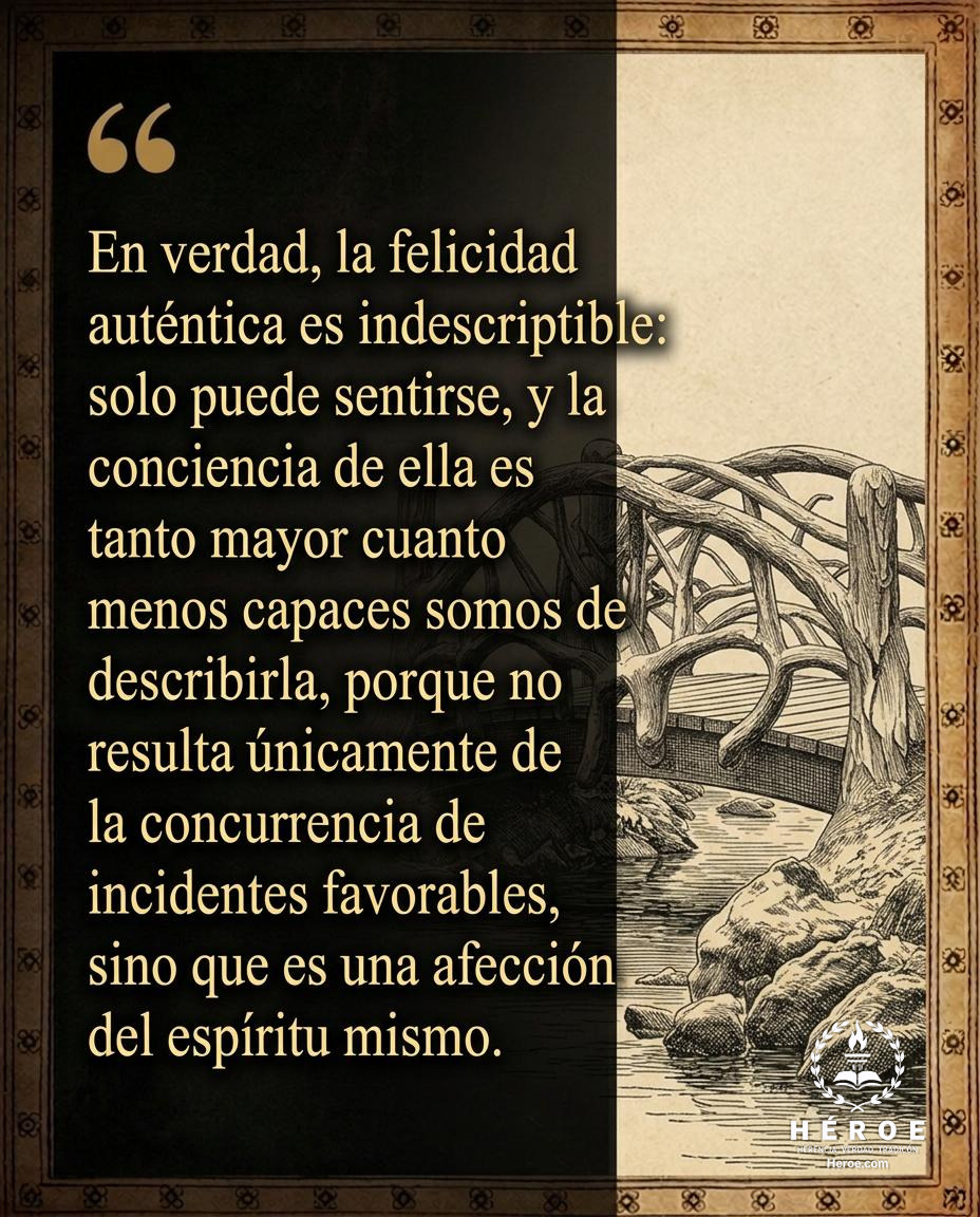 En verdad, la felicidad auténtica es indescriptible: solo puede sentirse, y la conciencia de ella es tanto mayor cuanto menos capaces somos de describirla, porque no resulta únicamente de la concurrencia de incidentes favorables, sino que es una afección