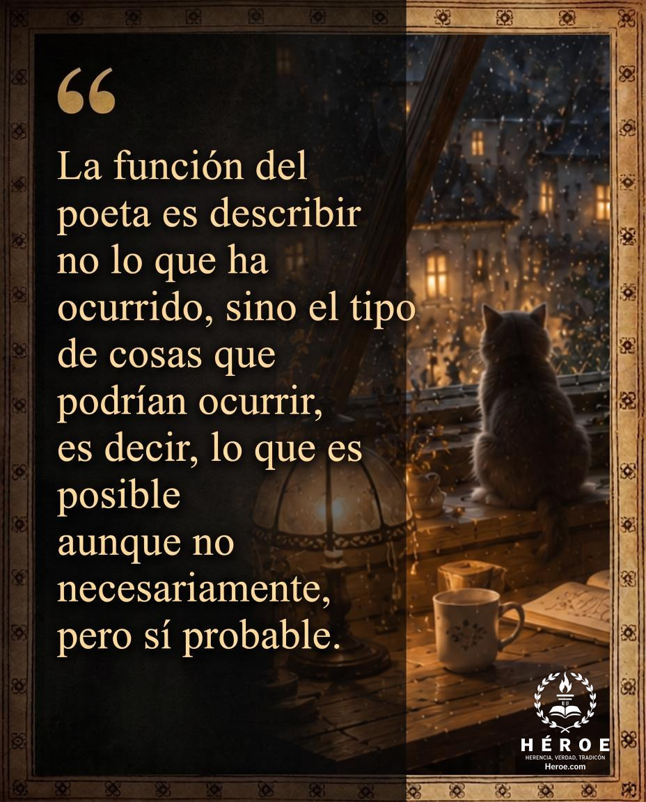 La función del poeta es describir no lo que ha ocurrido, sino el tipo de cosas que podrían ocurrir, es decir, lo que es posible aunque no necesariamente, pero sí probable.